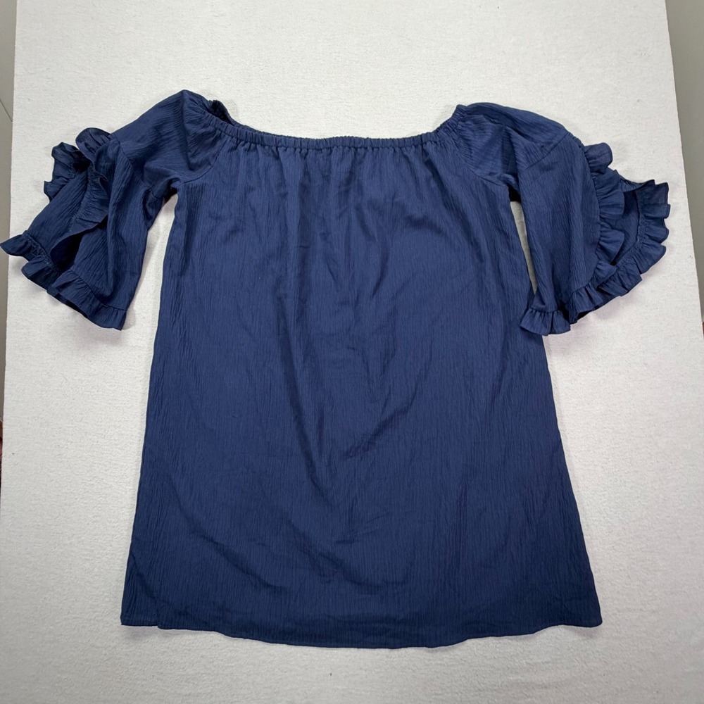 RETHM Blouse Women Medium Good Navy‎ Blue Ruffle Sleeve Off Shoulder Boho Top